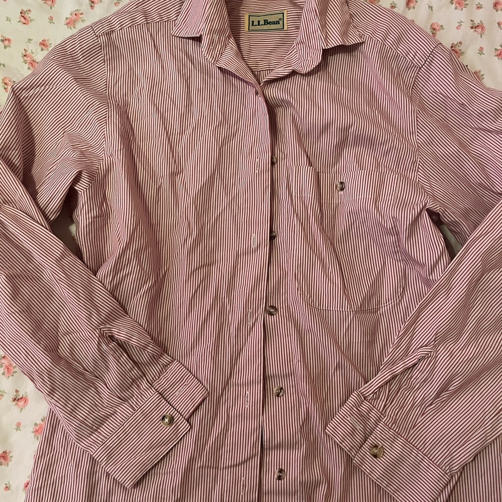 L.L. Bean Red and White Casual Button Down Shirt